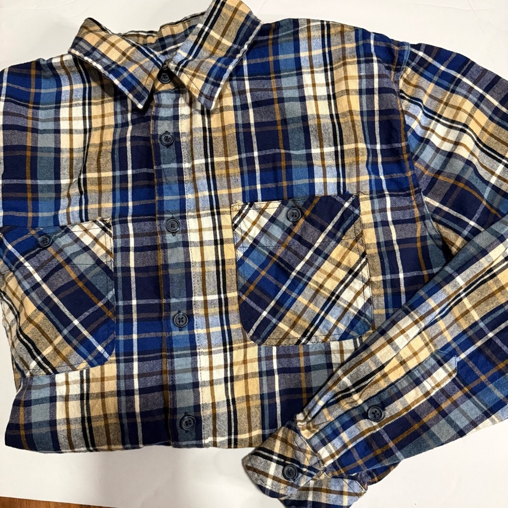 Plaid Flannel 100% Cotton Men Medium Button Down Shirt Blue Tan Calif shirt co